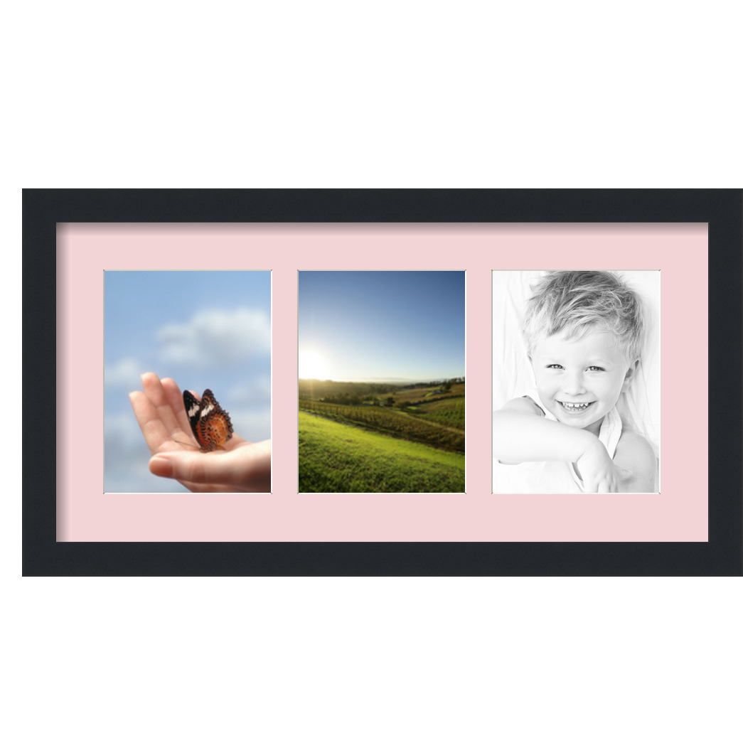 Collage Picture Frame, Satin Black Frame with 3 openings for 6x8 photos with Pink Hollyhock Mat. D3926HS782, ArtToframes