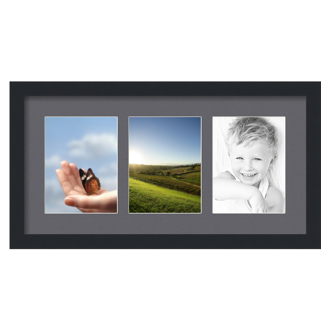 Collage Picture Frame, Satin Black Frame with 3 openings for 6x8 photos with Mountain Grey Mat. D3926EV782, ArtToframes
