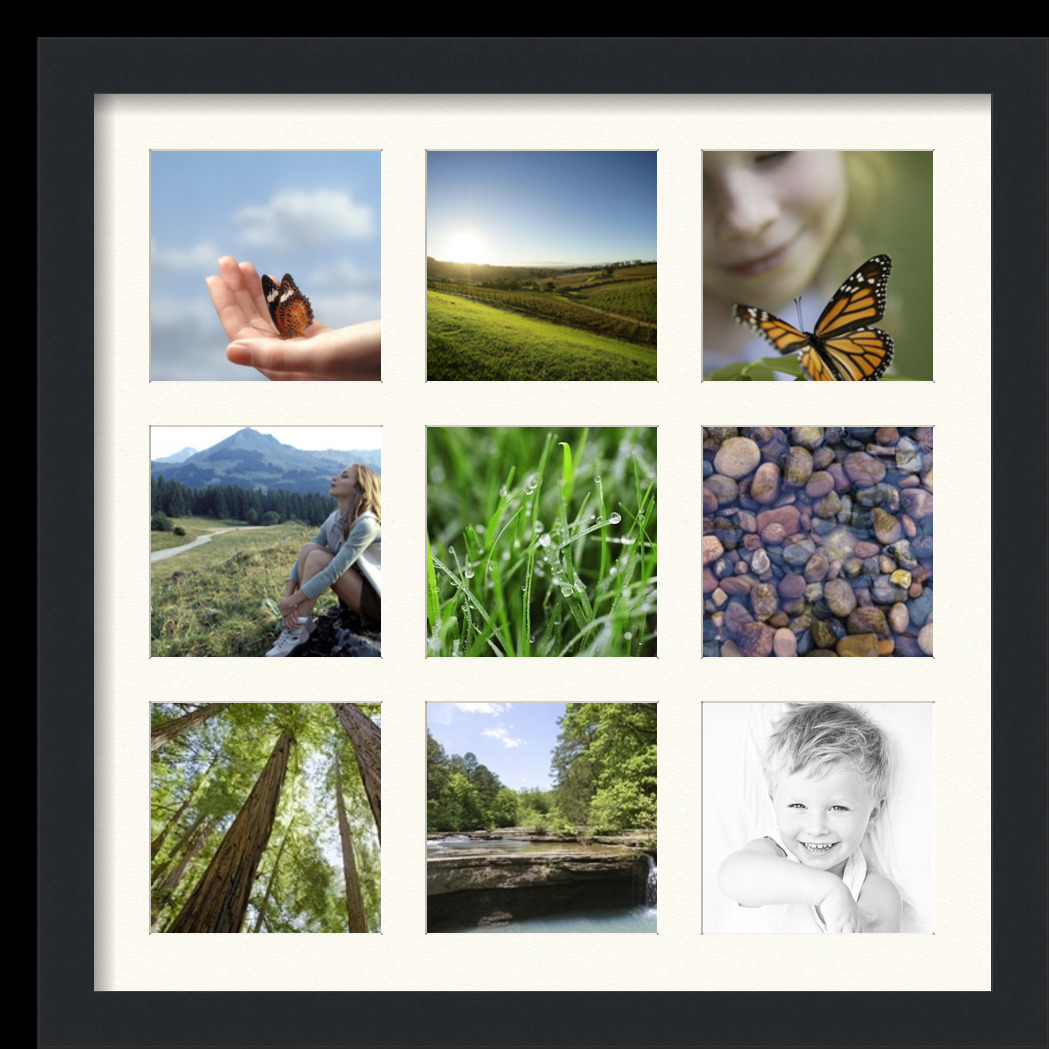 Collage Picture Frame, Satin Black Frame with 9 openings for 5x5 photos with Ivory Chantilly Mat. D3926EN79, ArtToframes