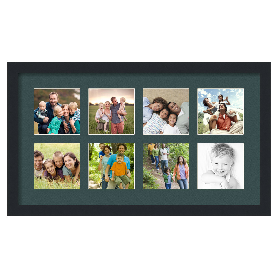 Collage Picture Frame, Satin Black Frame with 8 openings for 5x5 photos with Green Evergreen Mat. D3926HF797, ArtToframes