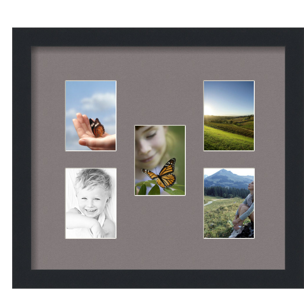 Collage Picture Frame, Satin Black Frame with 5 openings for 3.25x4.5 photos with Grey Pewter Mat. D3926GG807, ArtToframes