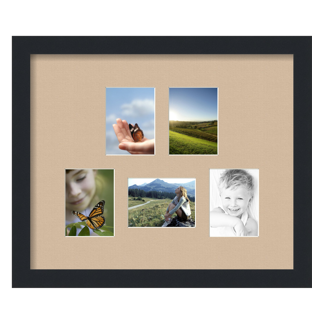 Collage Picture Frame, Satin Black Frame with 5 openings for 3.25x4.5 photos with Pink Scotch Mist Mat. D3926DG810, ArtToframes