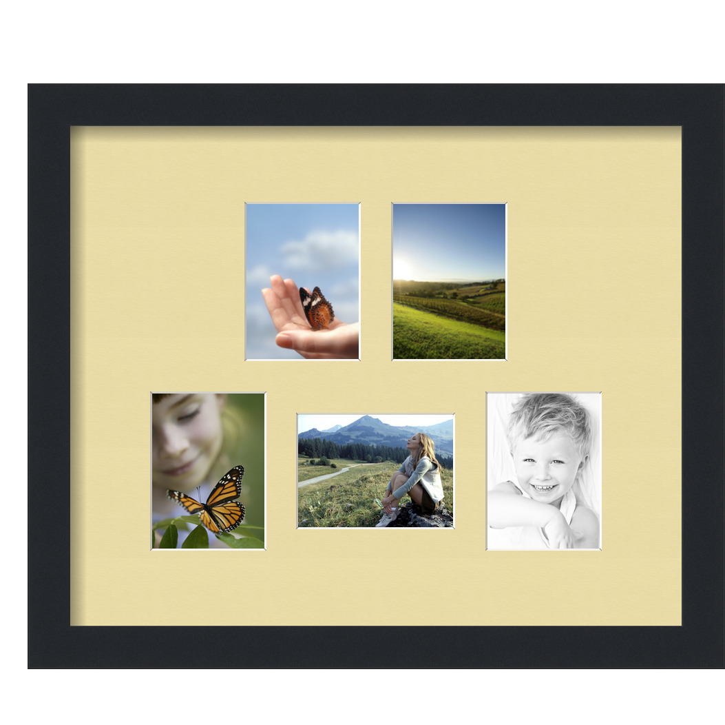 Collage Picture Frame, Satin Black Frame with 5 openings for 3.25x4.5 photos with Ivory Buttercup Mat. D3926GD810, ArtToframes