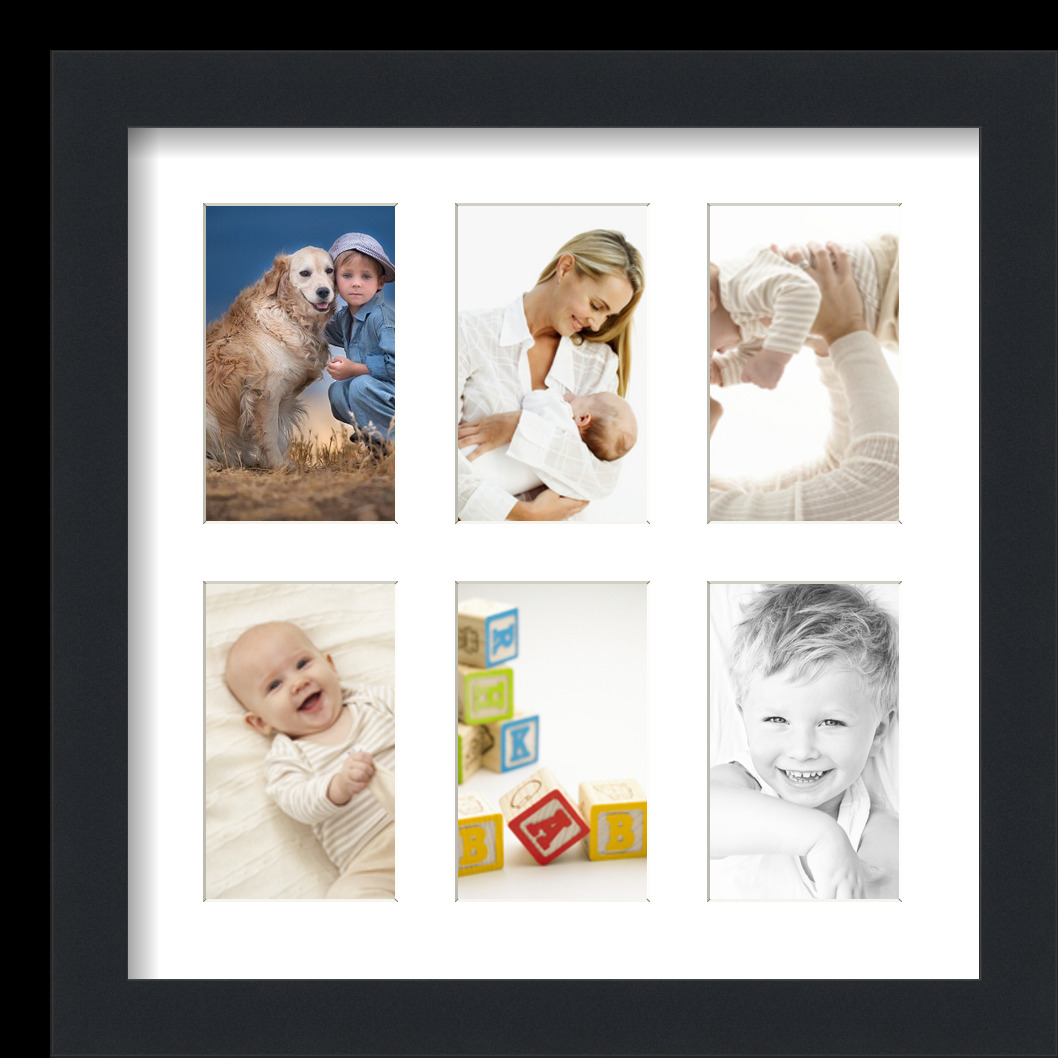 Collage Picture Frame, Satin Black Frame with 6 openings for 3x5 photos with White Crisp Mat. D3926IK83, ArtToframes