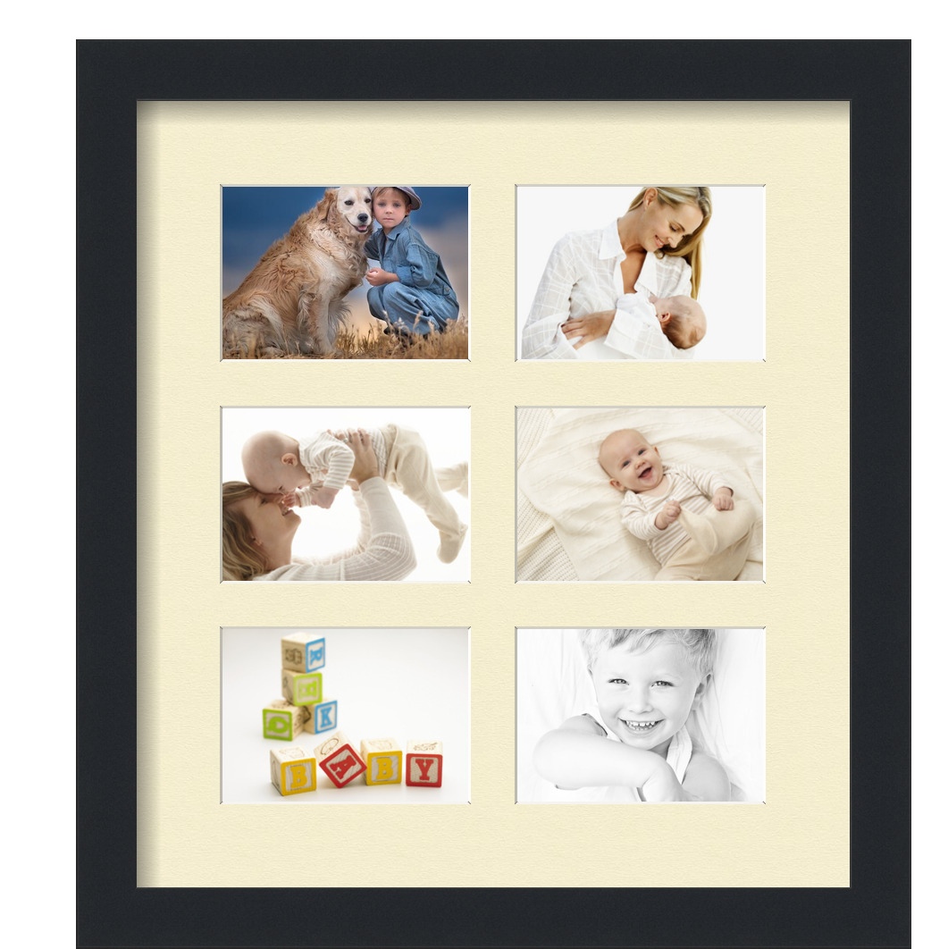 Collage Picture Frame, Satin Black Frame with 6 openings for 3.5x5 photos with Ivory Oyster Mat. D3926GC84, ArtToframes