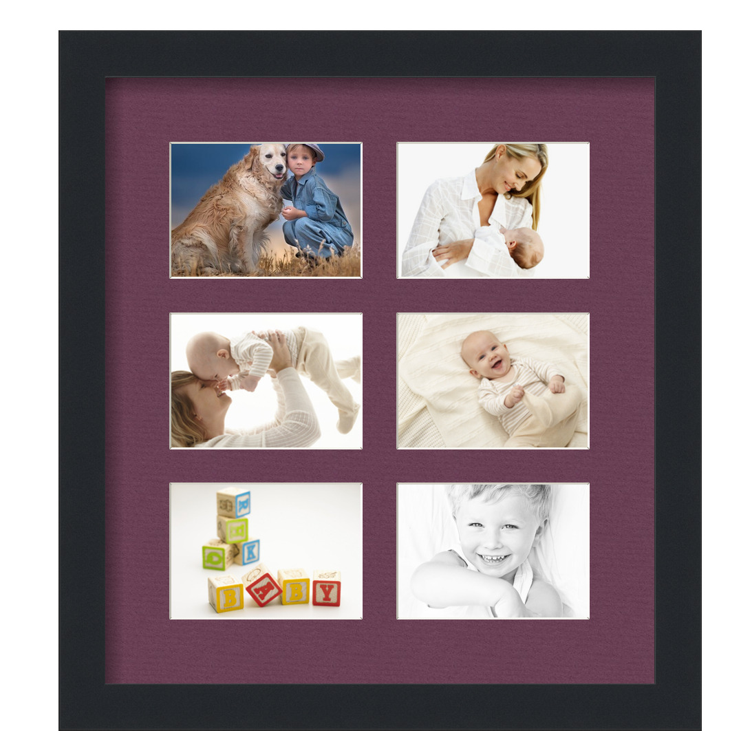 Collage Picture Frame, Satin Black Frame with 6 openings for 3.5x5 photos with Red Ruby Mat. D3926FW84, ArtToframes