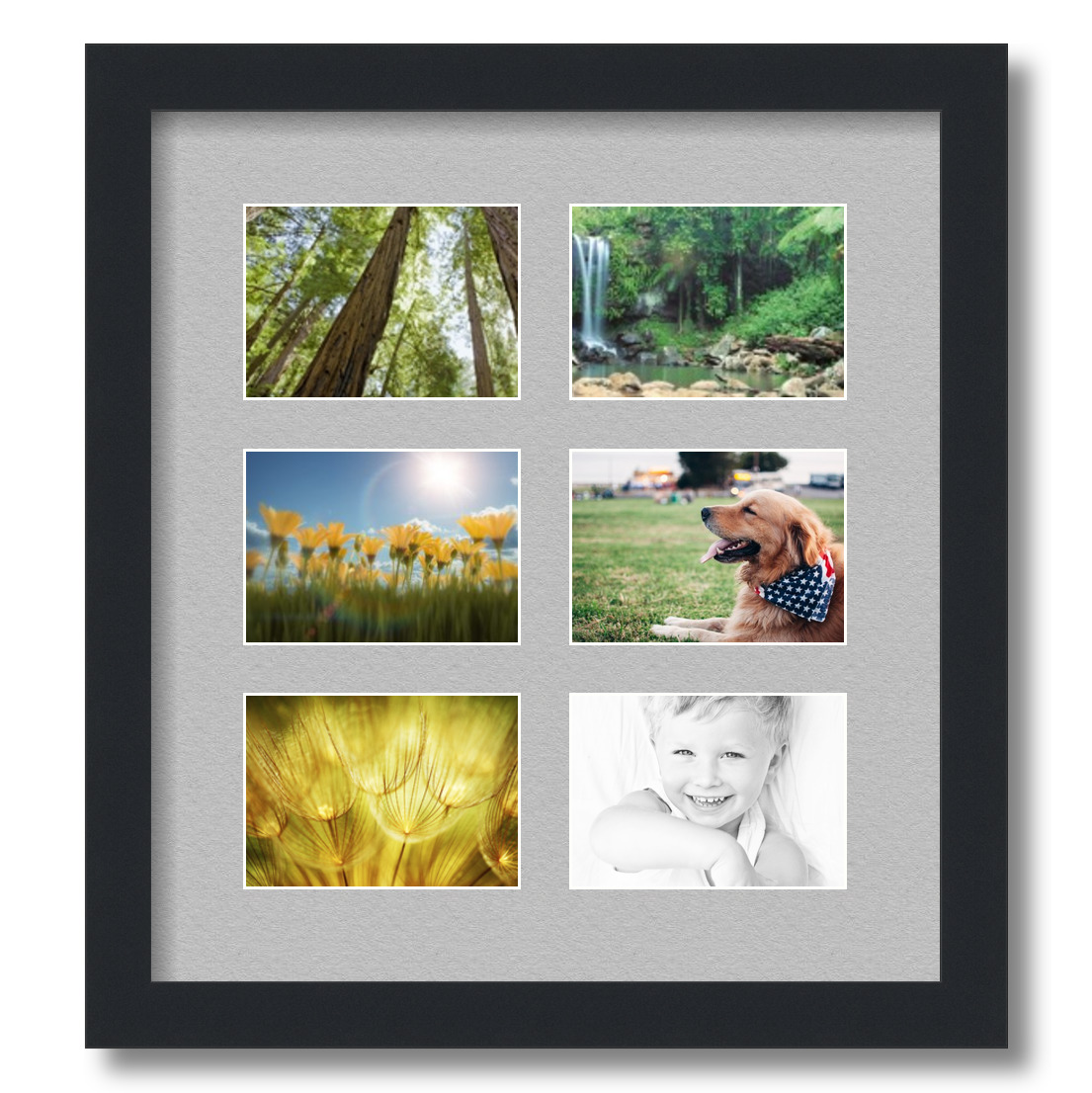 Collage Picture Frame, Satin Black Frame with 6 openings for 3.5x5 photos with TV Grey Mat. D3926ET84, ArtToframes