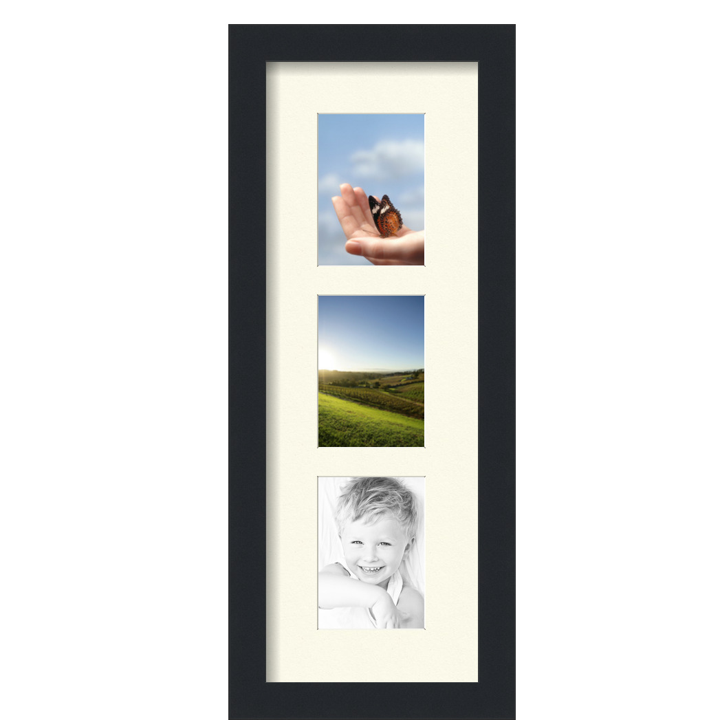 Collage Picture Frame, Satin Black Frame with 3 openings for 3.5x5 photos with Brilliant White Mat. D3926EM864, ArtToframes