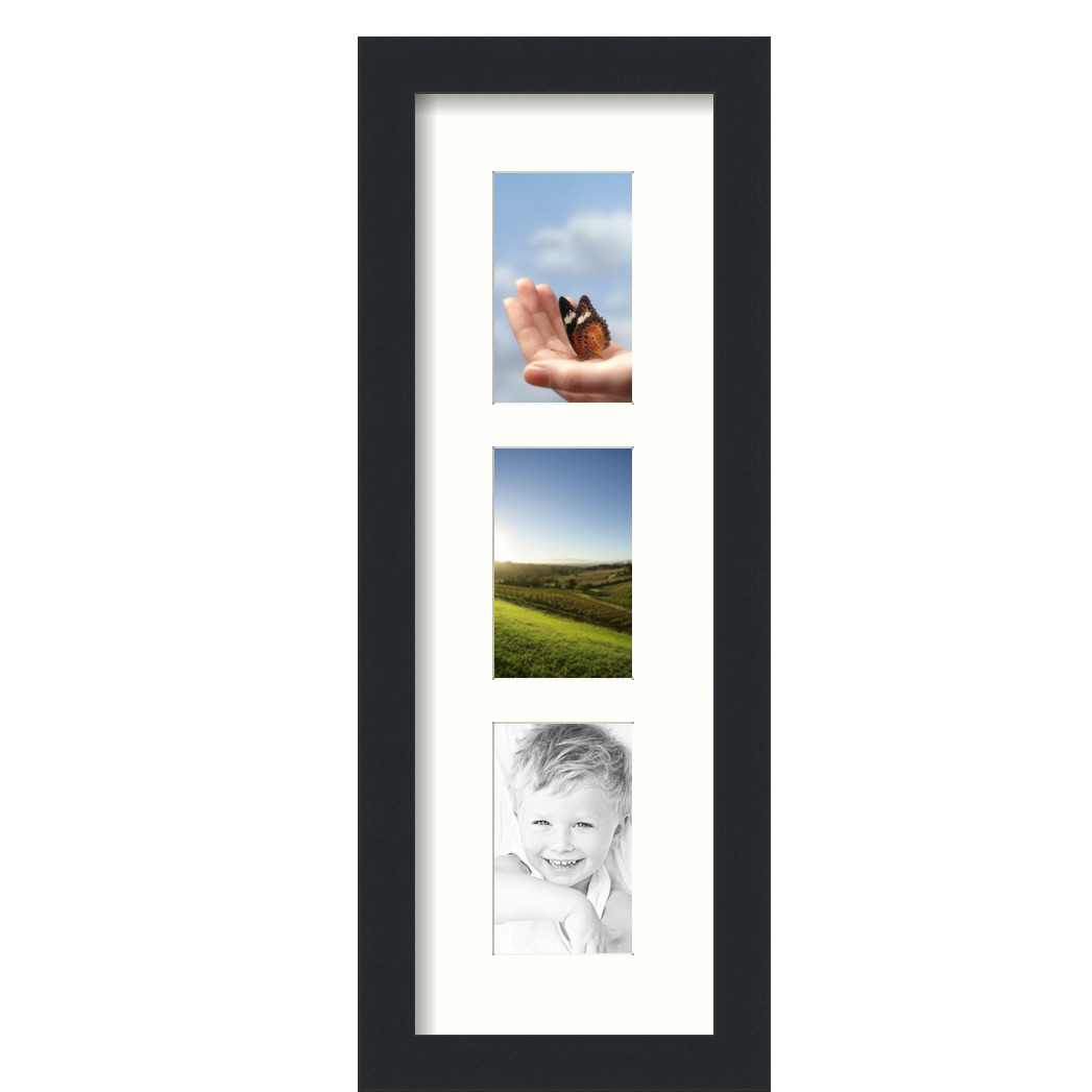Collage Picture Frame, Satin Black Frame with 3 openings for 3x5 photos with White Light Cream Mat. D3926IJ865, ArtToframes
