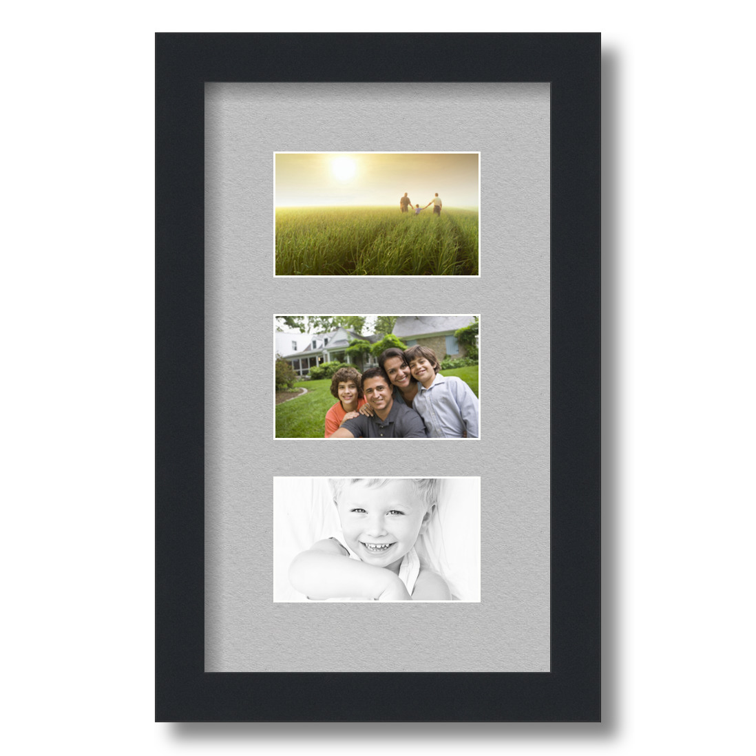 Collage Picture Frame, Satin Black Frame with 3 openings for 3x5 photos with TV Grey Mat. D3926ET870, ArtToframes