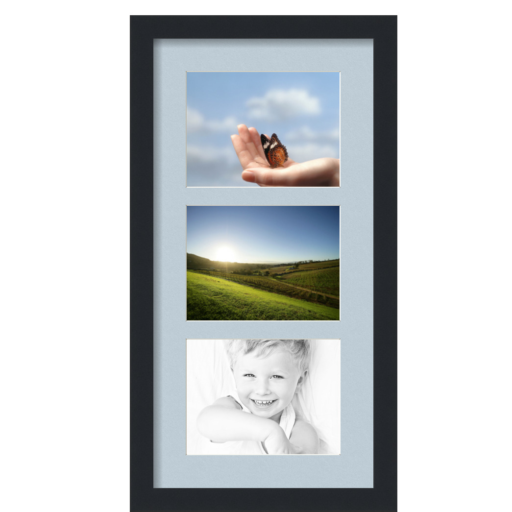 Collage Picture Frame, Satin Black Frame with 3 openings for 6x8 photos with Baby Blue Mat. D3926FT873, ArtToframes