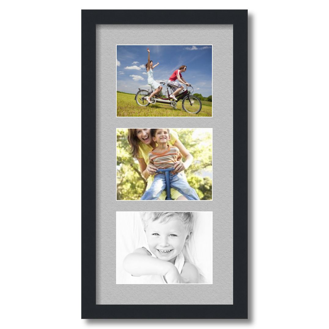 Collage Picture Frame, Satin Black Frame with 3 openings for 6x8 photos with TV Grey Mat. D3926ET873, ArtToframes