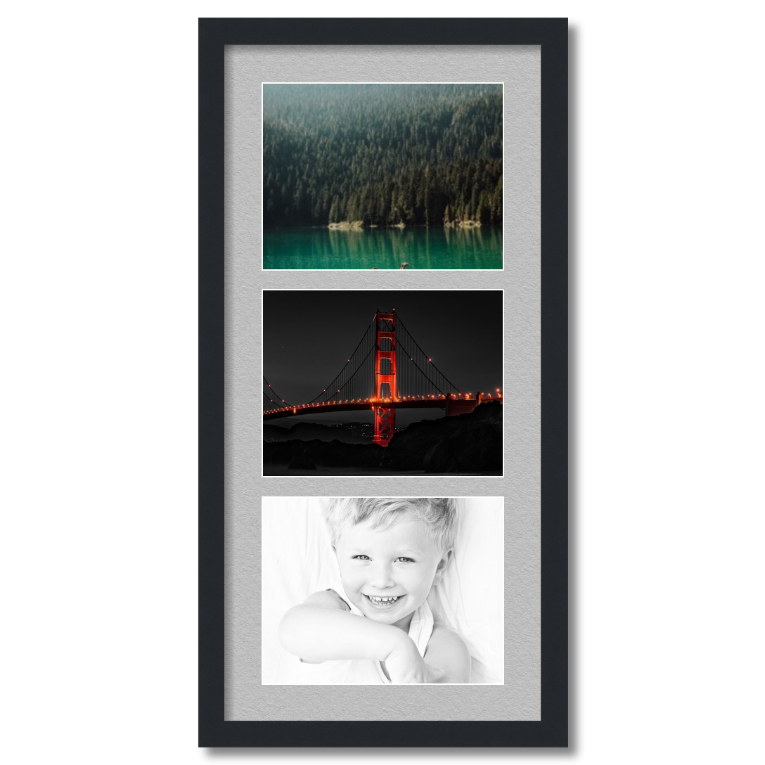 Collage Picture Frame, Satin Black Frame with 3 openings for 8.5x11 photos with TV Grey Mat. D3926ET875, ArtToframes