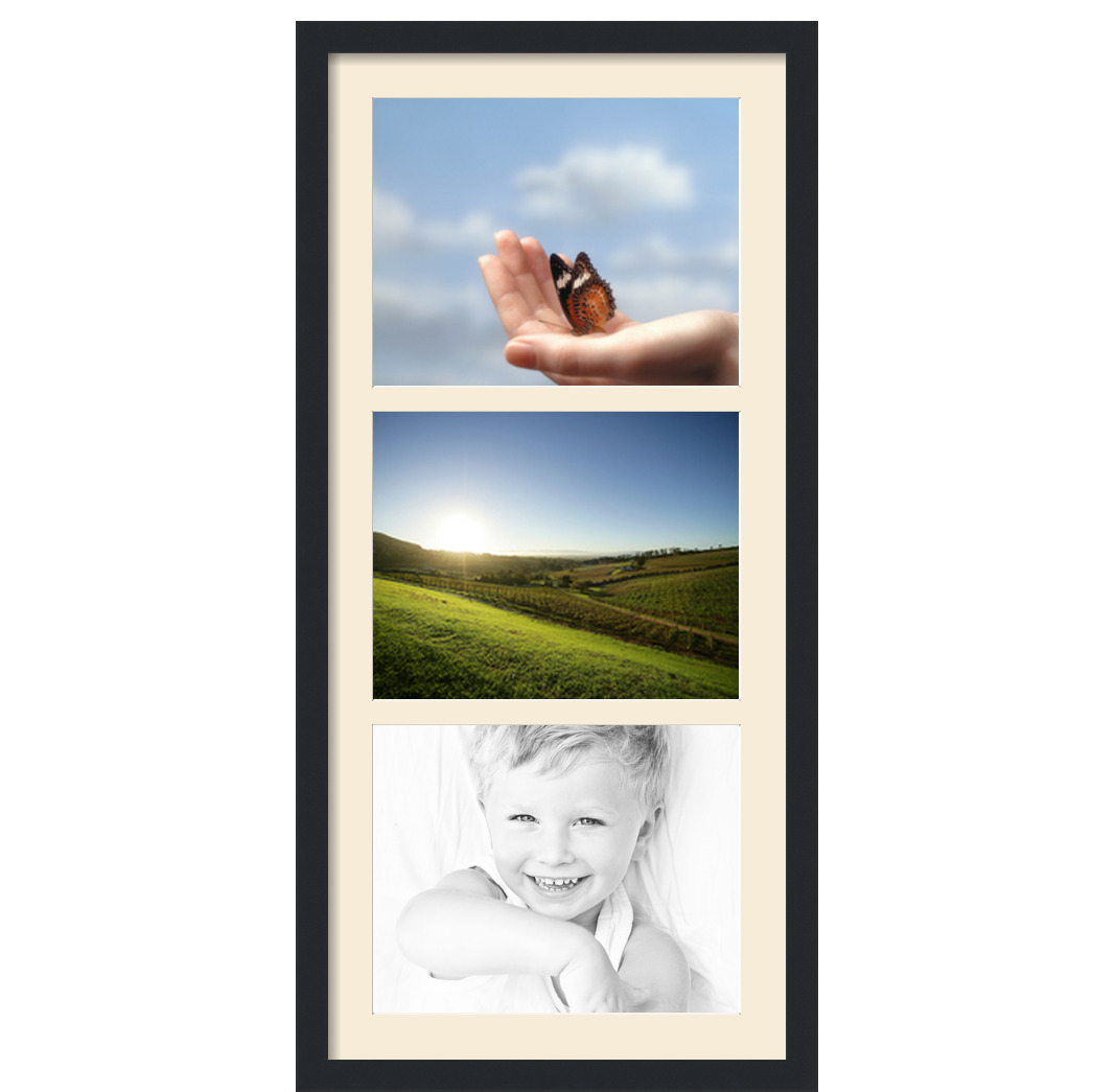 Collage Picture Frame, Satin Black Frame with 3 openings for 11x14 photos with White Ivory Mat. D3926FY877, ArtToframes