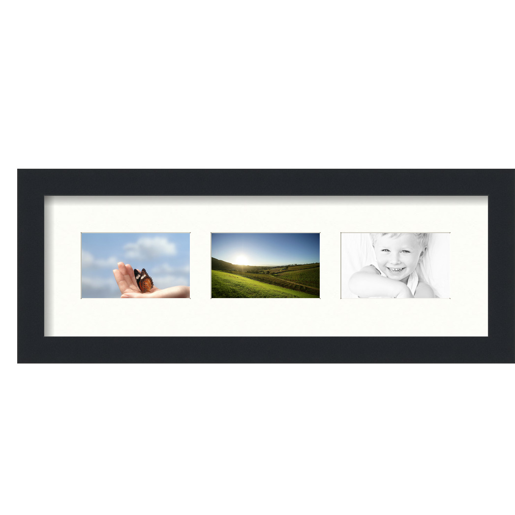 Collage Picture Frame, Satin Black Frame with 3 openings for 3x5 photos with White Porcelain Mat. D3926EL878, ArtToframes