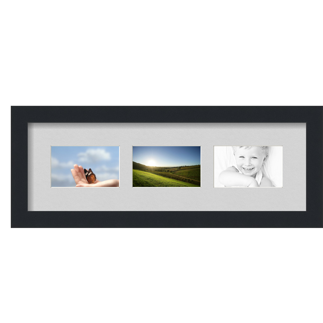 Collage Picture Frame, Satin Black Frame with 3 openings for 3x5 photos with Grey Candlewick Mat. D3926EP878, ArtToframes