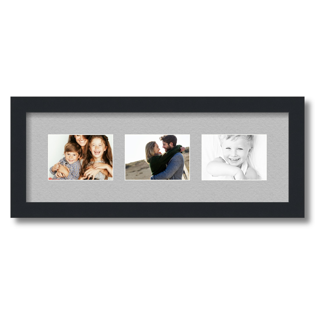 Collage Picture Frame, Satin Black Frame with 3 openings for 3.5x5 photos with TV Grey Mat. D3926ET879, ArtToframes
