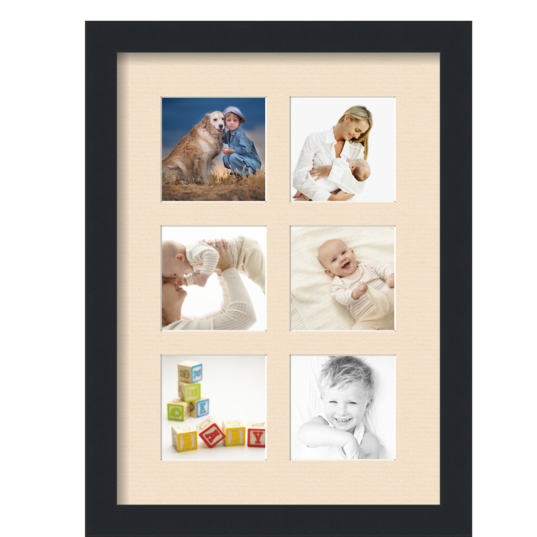 Collage Picture Frame, Satin Black Frame with 6 openings for 4x4 photos with Ivory French Creme Mat. D3926DF88, ArtToframes