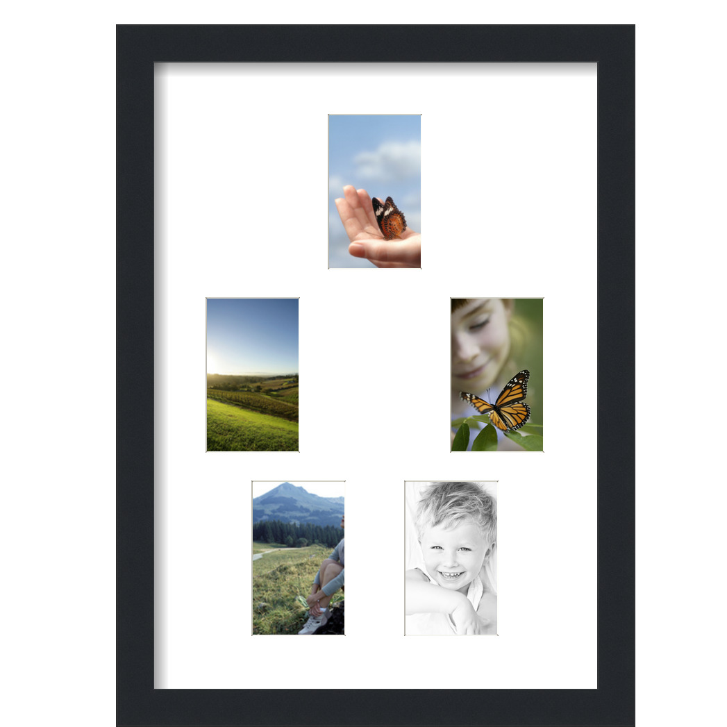 Collage Picture Frame, Satin Black Frame with 5 openings for 3x5 photos with White Crisp Mat. D3926IK898, ArtToframes
