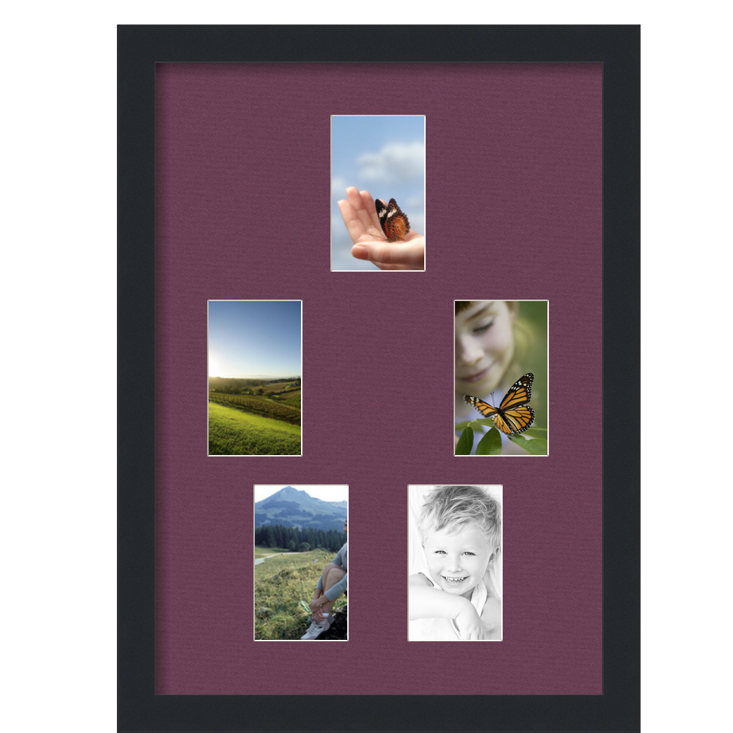 Collage Picture Frame, Satin Black Frame with 5 openings for 3x5 photos with Red Ruby Mat. D3926FW898, ArtToframes