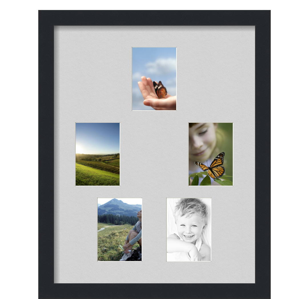 Collage Picture Frame, Satin Black Frame with 5 openings for 3.5x5 photos with Grey Candlewick Mat. D3926EP899, ArtToframes