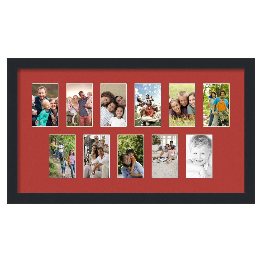 Collage Picture Frame, Satin Black Frame with 11 openings for 3x5 photos with Deep Red Mat. D3926II900, ArtToframes