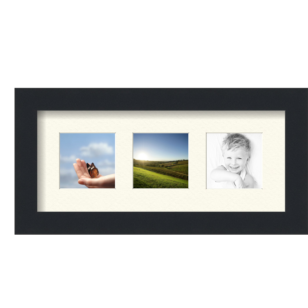 Collage Picture Frame, Satin Black Frame with 3 openings for 3x3 photos with Ivory Off White Mat. D3926FZ98, ArtToframes