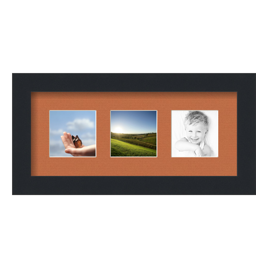 Collage Picture Frame, Satin Black Frame with 3 openings for 3x3 photos with Red Orange Mat. D3926DB98, ArtToframes