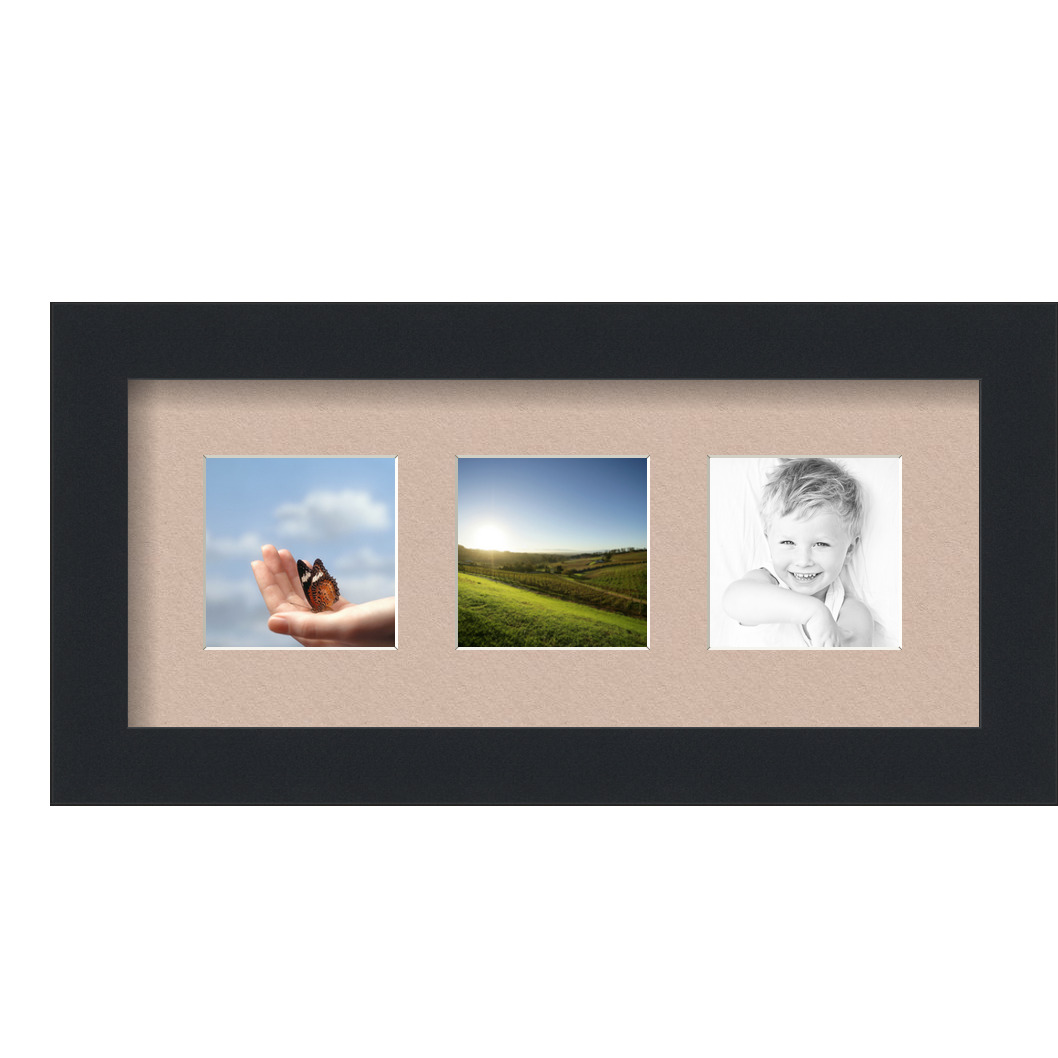 Collage Picture Frame, Satin Black Frame with 3 openings for 3x3 photos with Grey Beige Mat. D3926DV98, ArtToframes