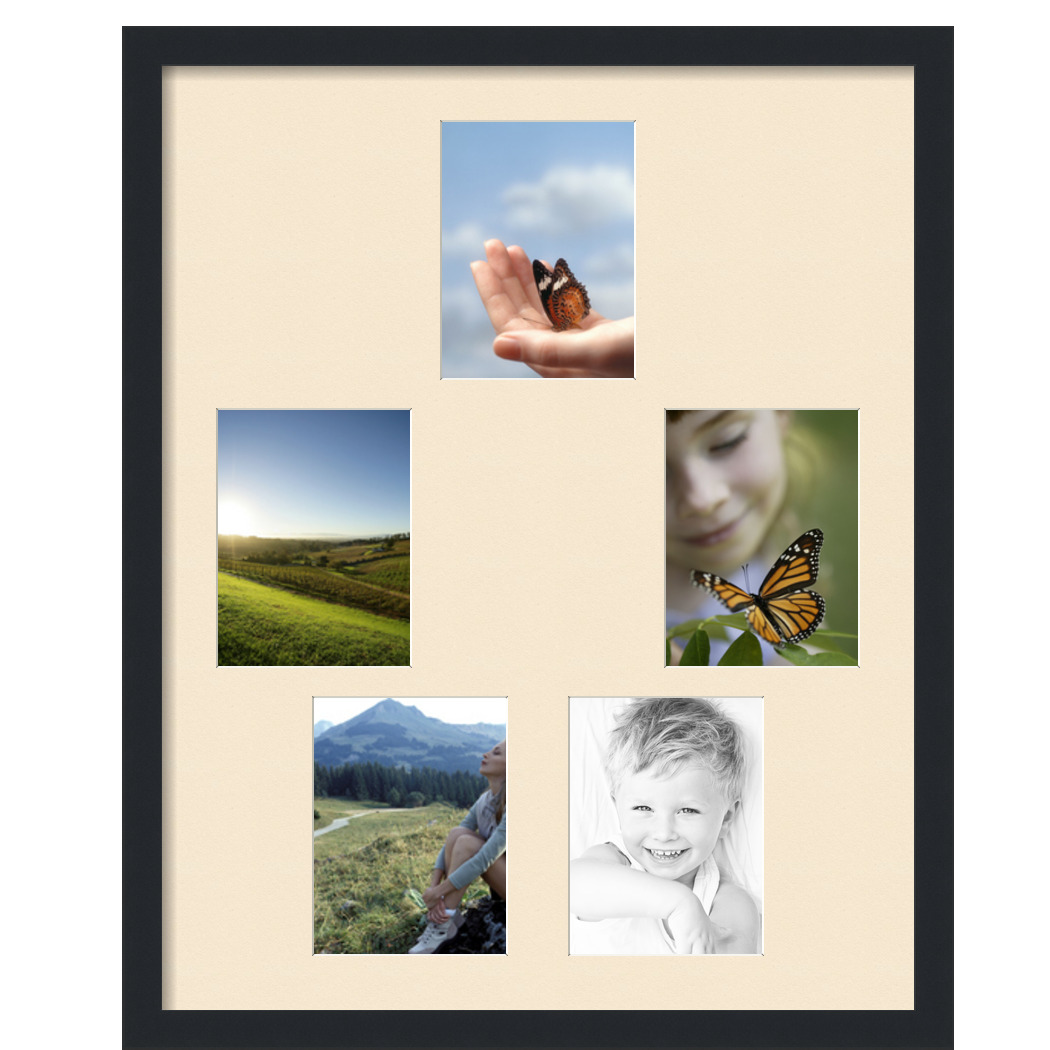 Collage Picture Frame, Satin Black Frame with 5 openings for 6x8 photos with Pink Alabaster Mat. D3926DE984, ArtToframes