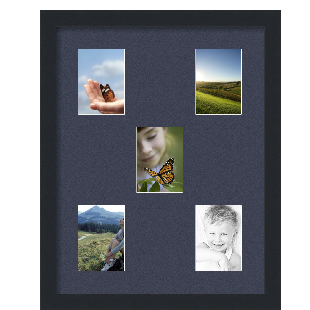 Collage Picture Frame, Satin Black Frame with 5 openings for 3.5x5 photos with Blue Jay Mat. D3926FL988, ArtToframes