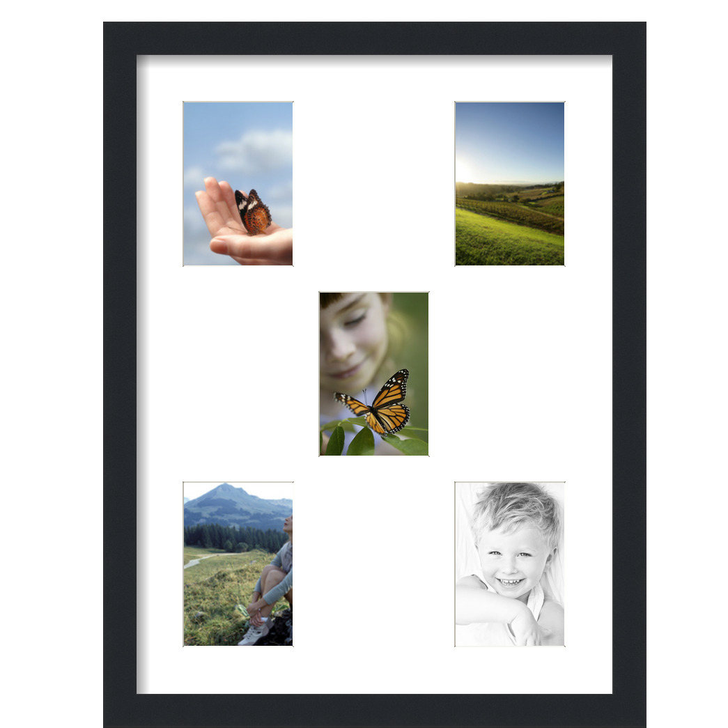 Collage Picture Frame, Satin Black Frame with 5 openings for 4x6 photos with White Crisp Mat. D3926IK989, ArtToframes