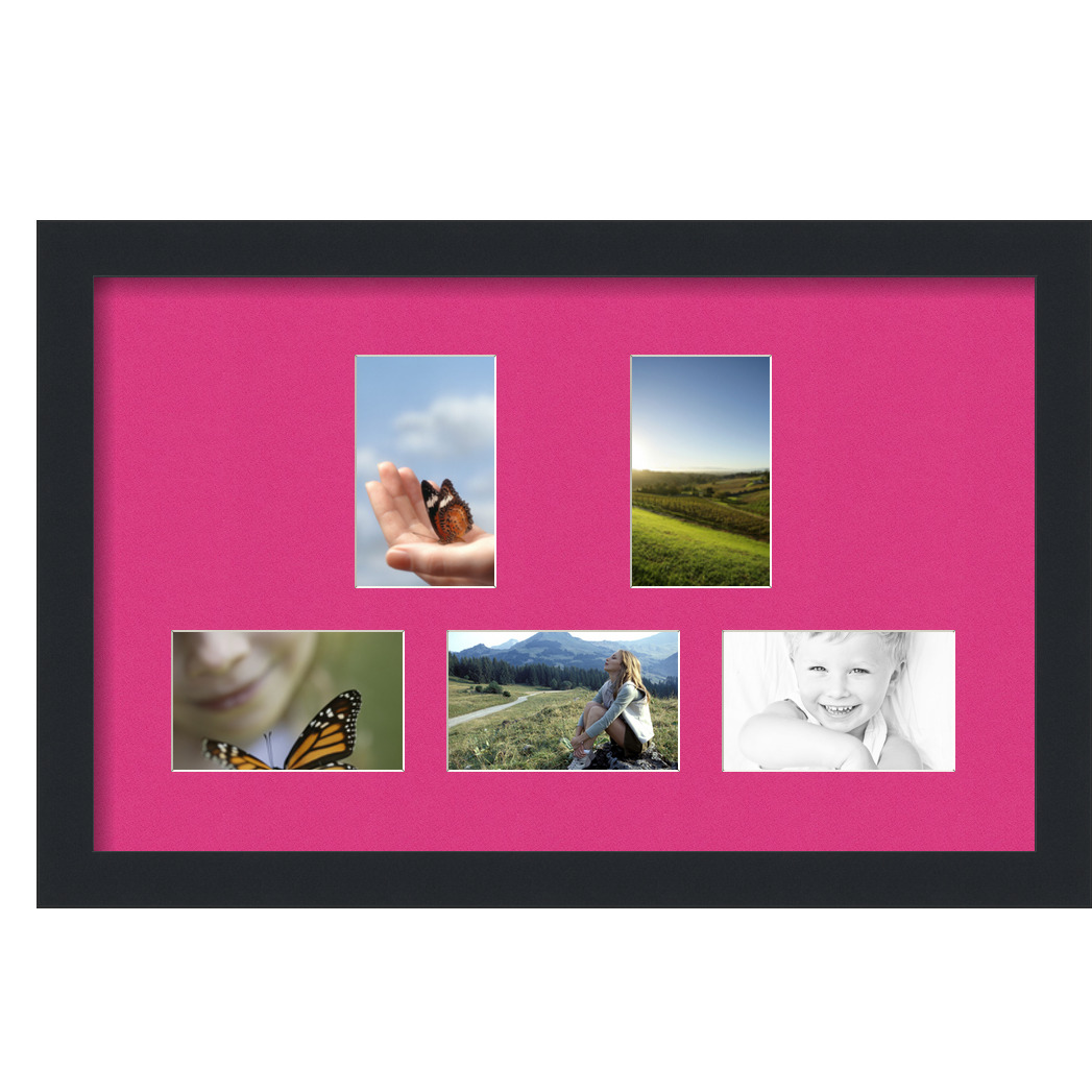 Collage Picture Frame, Satin Black Frame with 5 openings for 3x5 photos with Pink Tulip Mat. D3926CR994, ArtToframes